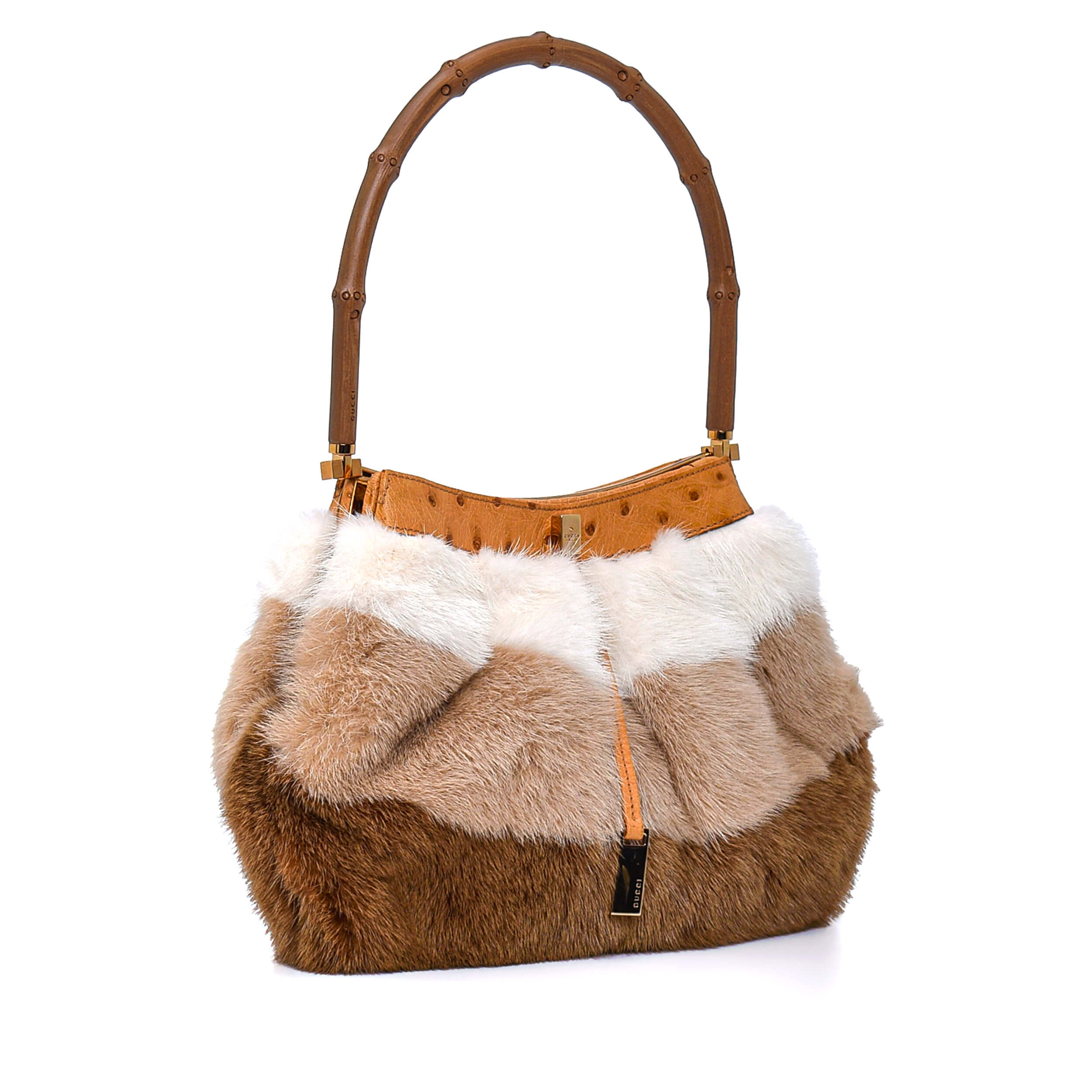 Gucci - Ostrich&Fur Bamboo Handle Bag